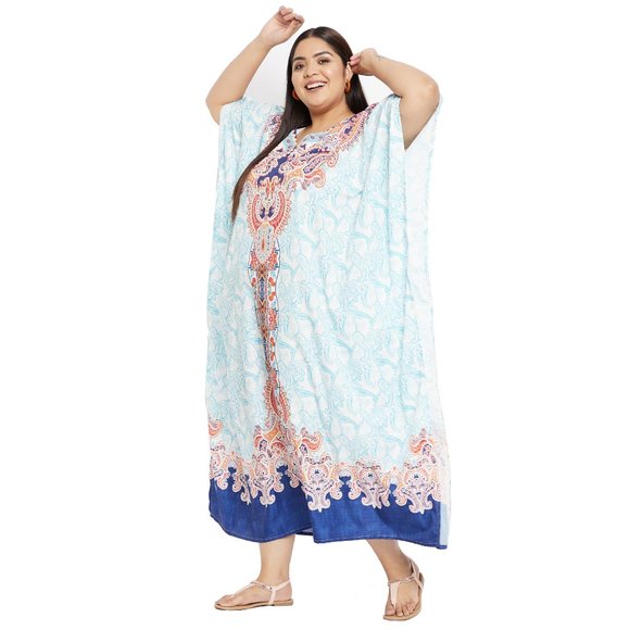 Women Plus Size Beach Cover Up Floral Print Turquoise Kaftan Dress by Gypsie Blu - Picture 6 of 9